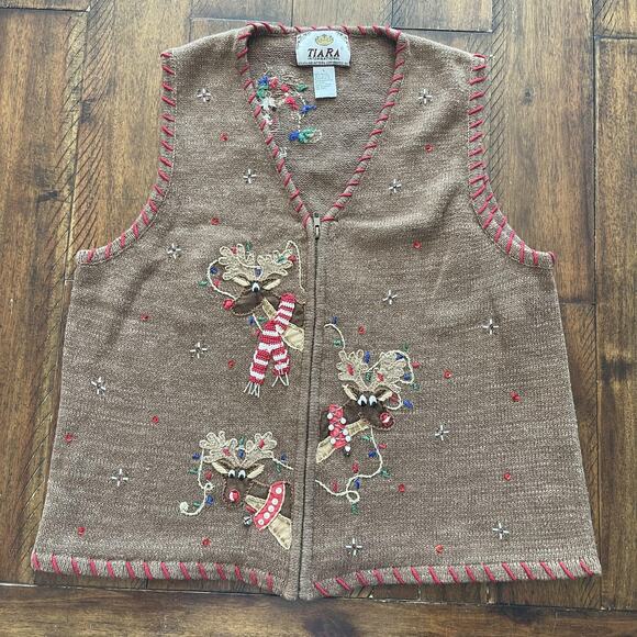 VINTAGE Tiara International Sweater Vest Womens Large Zip Reindeer Ugly Xmas 00s - Picture 3 of 10